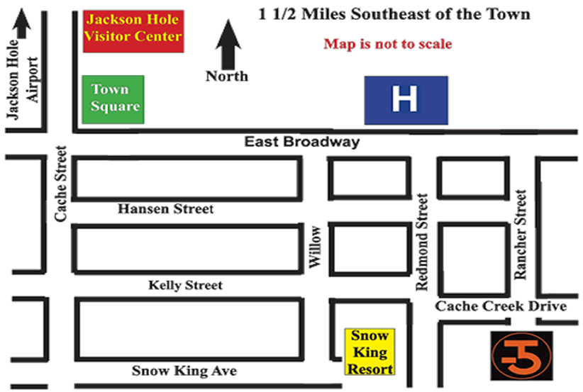 A partial map of Jackson, Wyoming showing directions to the Bar T 5 Covered Wagon Cookout & Show.